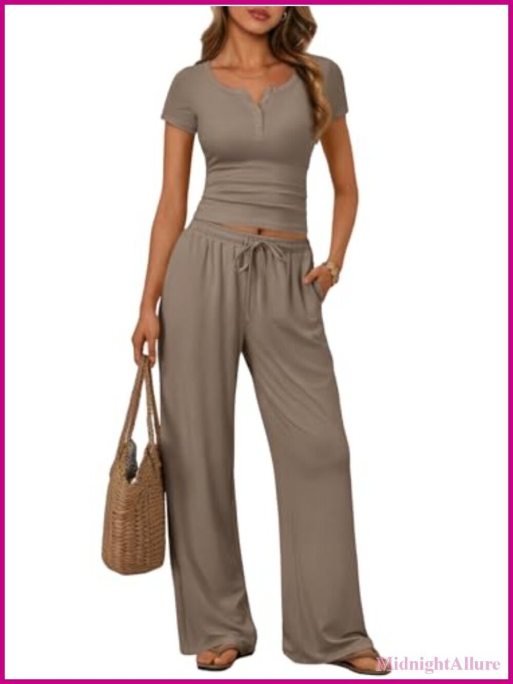 Women's 2 Piece Lounge Set - Henley Crop Top & Wide Leg Pants - Soft Rayon